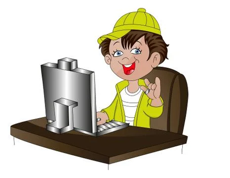 Vector of a man gesturing and using computer office. Stock Illustration