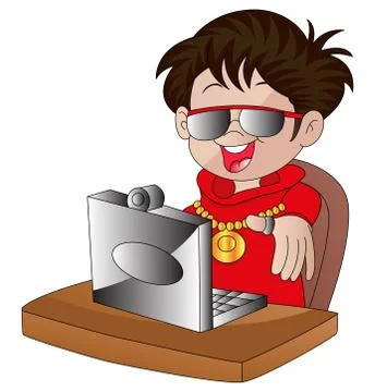 Vector of a man giving thumbs up and using computer. Stock Illustration