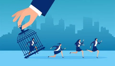 Vector of a man hand lifting up birdcage helping women to escape from impriso Stock Illustration