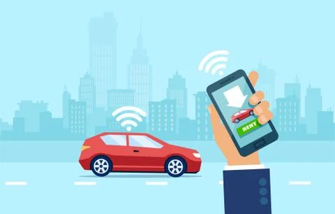 Vector of a man hand with a smartphone using mobile auto rental app Stock Illustration