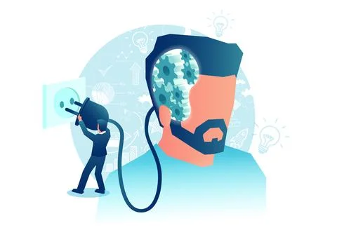 Vector of a man head with gear mechanisms inside being power plugged into a.. Stock Illustration