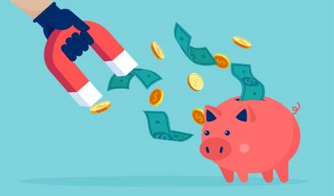 Vector of a man holding a magnet in hand stealing money coins from piggy bank Stock Illustration