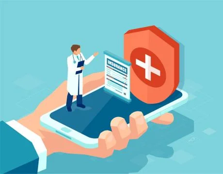 Vector of a man holding a smart phone with health care app, insurance and doc Stock Illustration