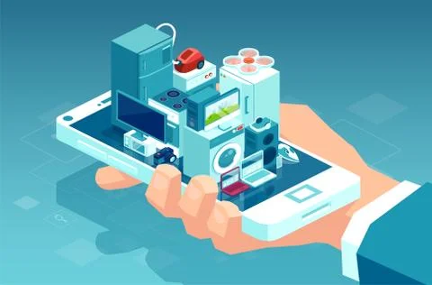 Vector of a man holding smartphone with consumer electronics products and hom Illustrazione stock