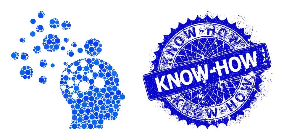 Vector Man Idea Generation Collage of Small Circles and Distress Know-How Stamp Stock Illustration