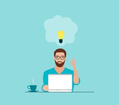 Vector of a man with idea working on laptop Stock Illustration