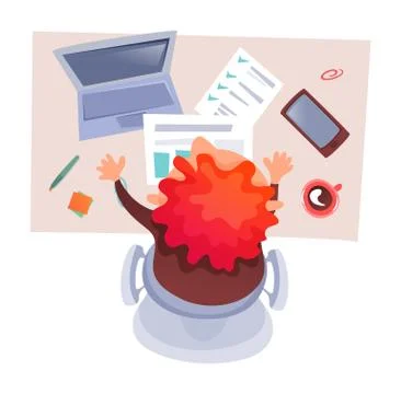 Vector man image at desktop, workflow, workspace, data analysis, devices, graph Stock Illustration