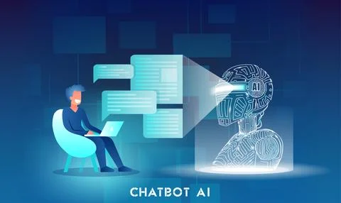 Vector of a man with laptop chatting with AI Stock Illustration