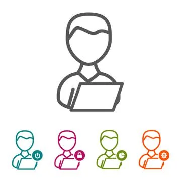Vector Man with Laptop icons in thin line Style and flat Design. Stock Illustration