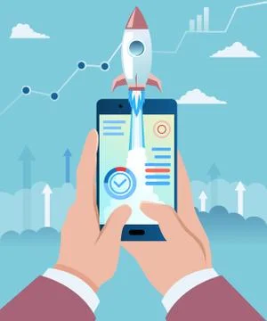 Vector of a man launching a smart phone mobile application Stock Illustration