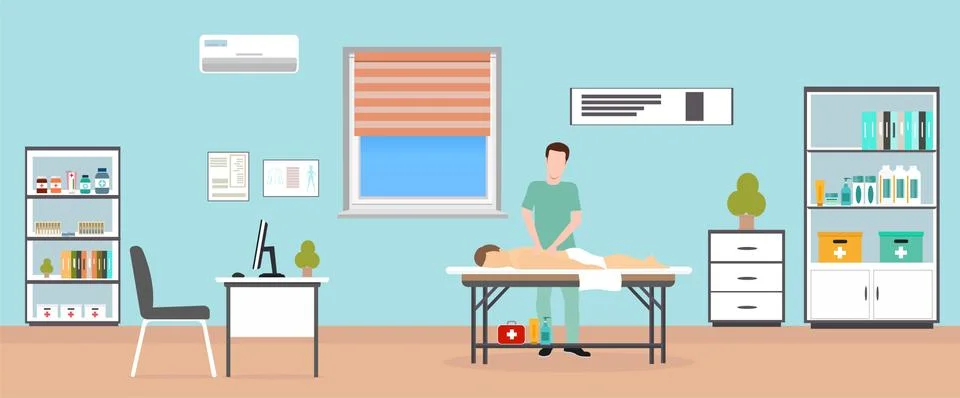 Vector of a man laying on a table while masseur doing healing massage Stock Illustration