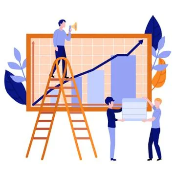 Vector man with loudspeaker near graph bar chart Illustrazione stock