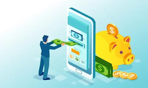 Vector of a man making money deposit using mobile app on a smart phone Stock Illustration