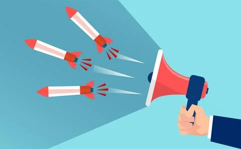 Vector of a man with megaphone shouts, launching rockets. Stock Illustration