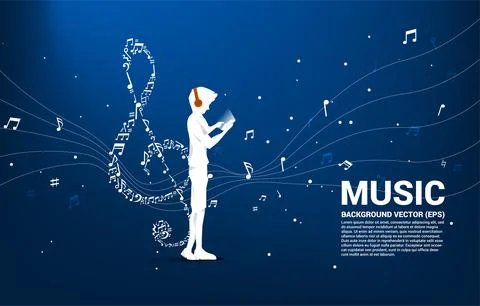 Vector man with mobile phone and headphone and music melody shape sol key not Ilustração Stock
