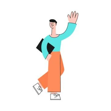 Vector man with notebook waving hand to colleagues Stock Illustration
