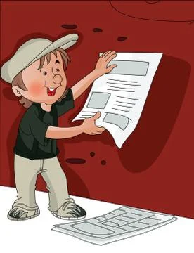 Vector of man pasting poster on wall. Иллюстрация