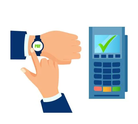 Vector of a man paying for goods via POS terminal using a wrist watch Stock Illustration