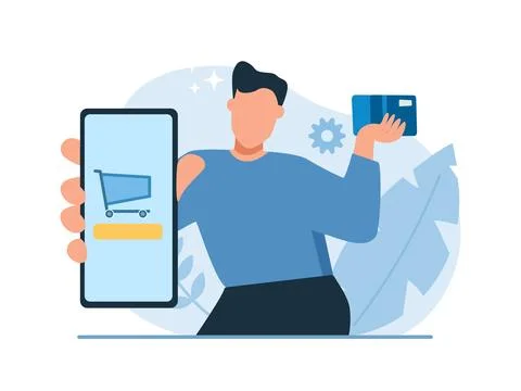 Vector of a man promotes mobile shopping app and a loyalty discount card Stock Illustration