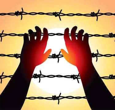 Vector  man raised hands over barbed wire prison boundary Stock Illustration