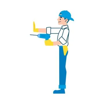 Vector man, repairman or worker repairs or builds with a drill in flat cartoon Stock Illustration