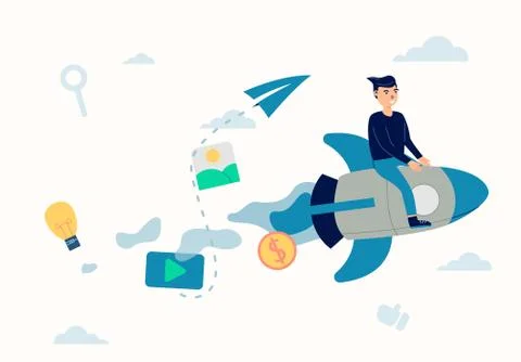 Vector man riding rocket, marketing concept illustration, cartoon for landing Stock Illustration