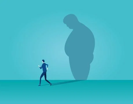 Vector of a man running away from his fat sad shadow on the wall. Stock Illustration