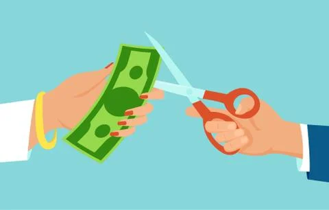 Vector of a man with scissors cutting dollar banknote, income of a woman Stock Illustration