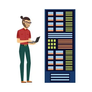Vector man at server rack at data center Stock Illustration