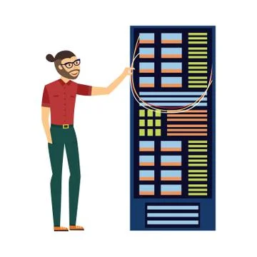 Vector man at server rack at data center Stock Illustration