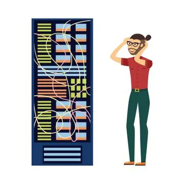 Vector man at server rack at data center Stock Illustration