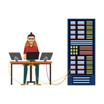 Vector man at server rack at data center Stock Illustration