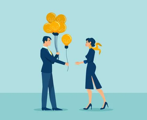 Vector of a man sharing an idea with a business woman, giving her a balloon i Stock Illustration