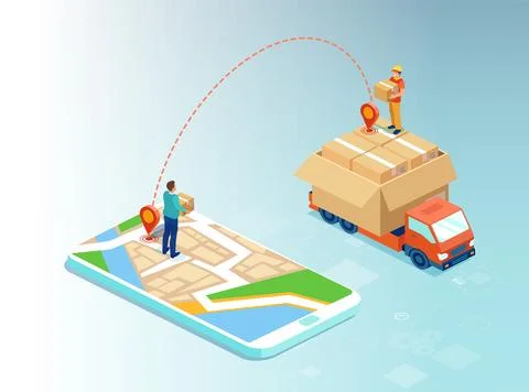 Vector of a man shopping online using mobile app and a product being delivere Stock Illustration