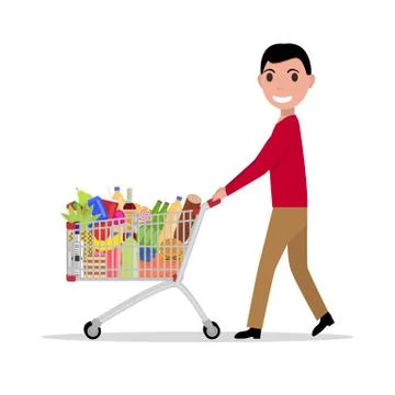 Vector man with shopping trolley full groceries Stock Illustration