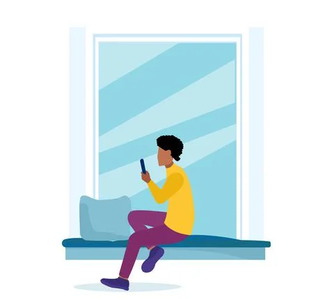 Vector of a man sitting by the window using mobile phone Stock Illustration