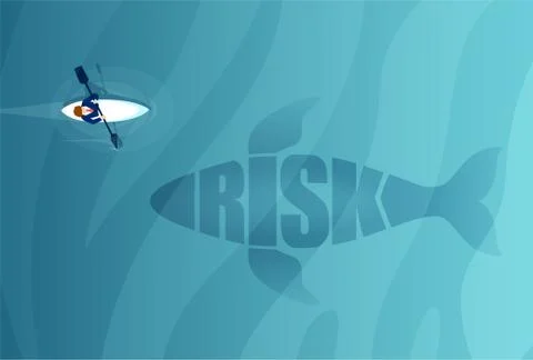 Vector of a man in a small boat floats next to a big shark or whale. Stock Illustration