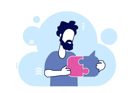 Vector of a man solving a problem, puzzle pieces together Stock Illustration