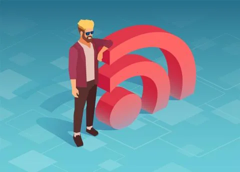 Vector of a man standing by 3d rss symbol Stock Illustration