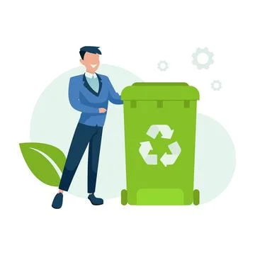Vector of a man standing next to a waste basket with a recycle symbol Stock Illustration
