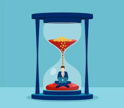 Vector of a man in suit sitting inside hourglass and working on his laptop. Stock Illustration