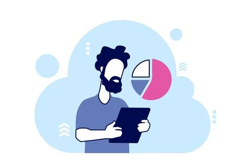 Vector of a man with tablet computer analyzing website data traffic report Stock Illustration