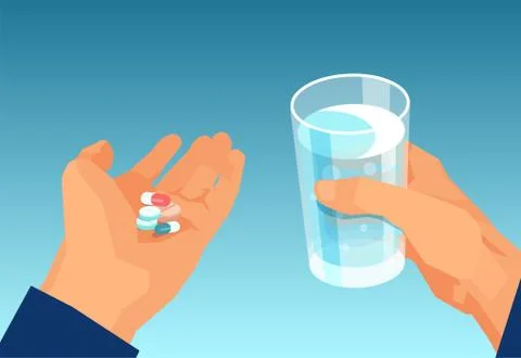 Vector of a man taking pills holding a glass of water. Stock Illustration
