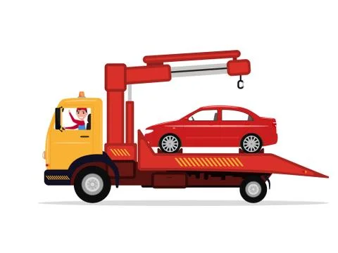 Vector man in tow truck driven emergency vehicle Stock Illustration