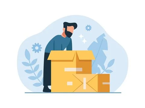 Vector of a man unpacking a box Illustrazione stock