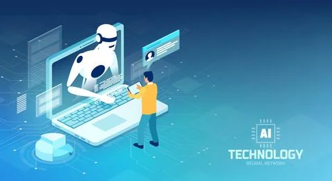 Vector of a man using chat bot and artificial intelligence technology Illustrazione stock