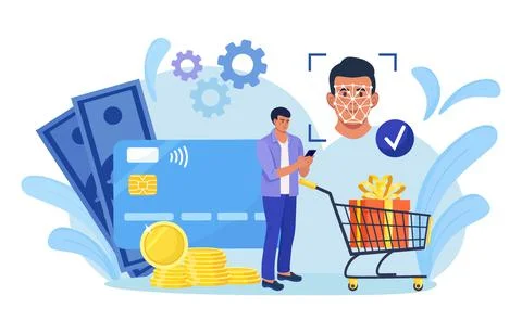 Vector of a man using face recognition technology for payment Illustrazione stock