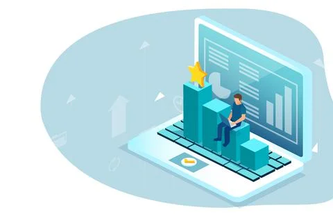 Vector of a man using laptop analysis financial data rating online performanc Stock Illustration