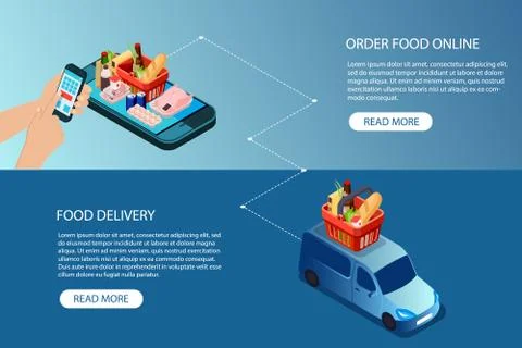 Vector of a man using mobile application to order food online on website. Stock Illustration