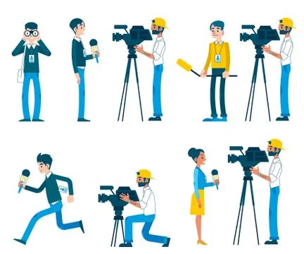 Vector man video reporter setting camera interview Illustrazione stock